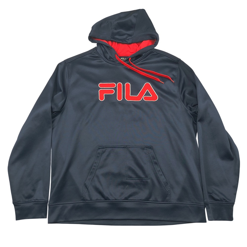 FILA Mens XL Navy Blue Red Logo Pullover Performance Hoodie Sweatshirt 586